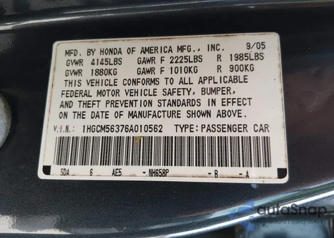 2006 Honda Accord 2.4 Se из США, поврежденный, VIN 1HGCM56376A010562